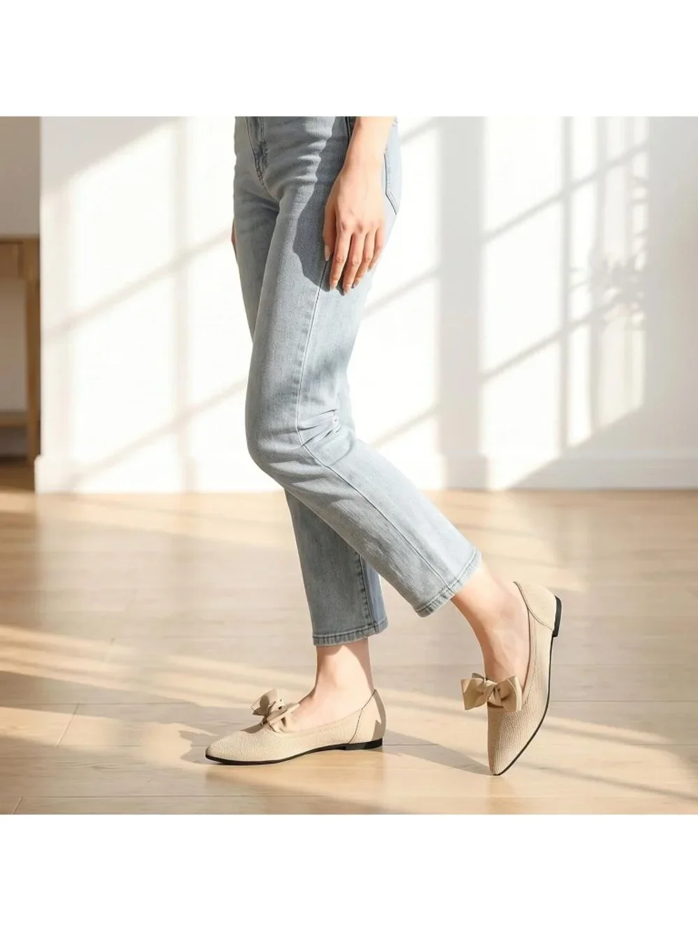 Women's Beige Mary Jane Shoes Pointed Toe Ballet Flats Dressy Comfortable